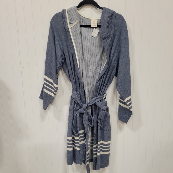 Blue and Cream Belted Sweater Jacket - Picture 3 of 8